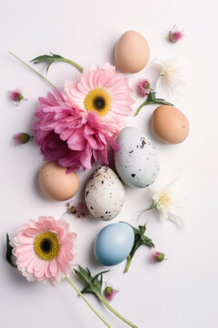 easter eggs and flowers on wooden background