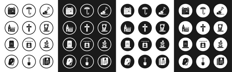 Set Shovel in the ground, Christian cross, Church building, Calendar death, Grave with tombstone, Umbrella, and icon. Vector