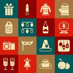 Set Tangerine, Christmas lights, snow globe, sweater, Price tag with Sale, Gift box and Champagne bottle icon. Vector