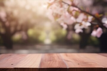 Naklejka na ściany i meble Empty Tabletop in Sakura Park with Flower on blur Background for your product