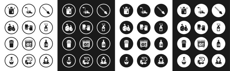 Set Handle broom, Rubber gloves, Garbage bag, Clean cooking pot, Cleaning spray bottle, Lawn mower, Bottle for cleaning agent and Trash can icon. Vector