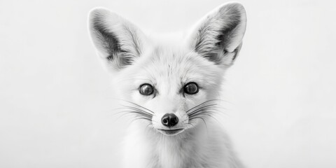 Fototapeta premium Black and white close up portrait of a fox, light background, Generative AI