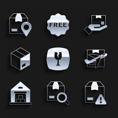 Set Fragile broken glass, Search package, Delivery security with shield, Plane and cardboard box, Warehouse, Carton, hand and Location icon. Vector