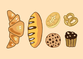 Set vector bread icons. Croissant, pretzel, muffin, cookies, biscuits, French baguette for design menu bakery.