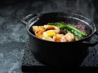 Scallops, butter, stone pot rice with asparagus