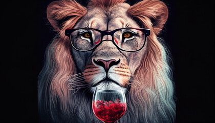 Löwe trinkt Wein