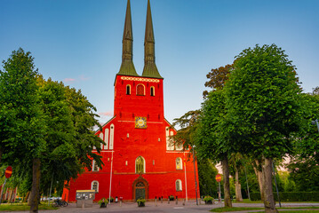 Sunset view of Vaxjö cathedral in Sweden