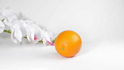 Composition of an Orange and orchid with white background 
