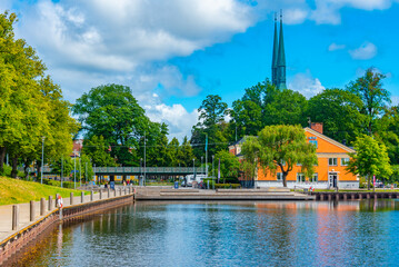 Lakeside promenade in Swedish town Vaxjö during a day