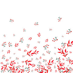 Burgundy Foliage Background White Vector. Leaf Modern Design. Green Rowan. Red Berries Material. Backdrop Card.