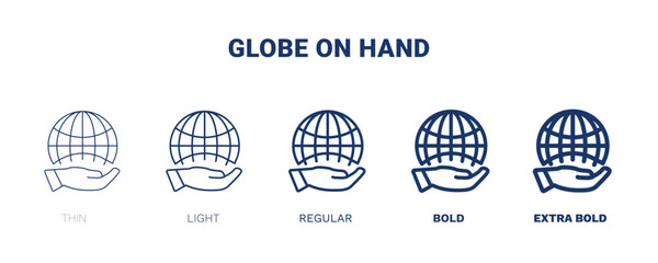 globe on hand icon. Thin, light, regular, bold, black globe on hand, hand icon set from ecology collection. Editable globe on hand symbol can be used web and mobile