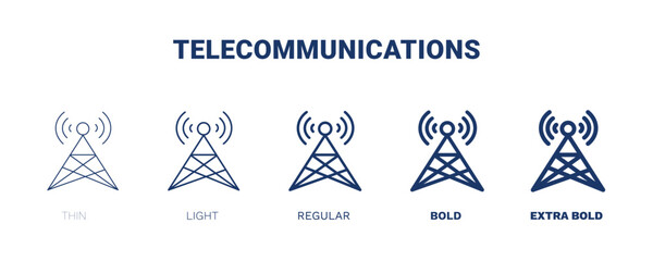 telecommunications icons. Thin, light, regular, bold, black telecommunications, communication icon set from computer and tech collection. Editable telecommunications symbol can be used web and mobile