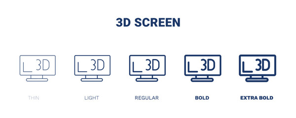 3d screen icons. Thin, light, regular, bold, black 3d screen, video icon set from computer and tech collection. Editable 3d screen symbol can be used web and mobile