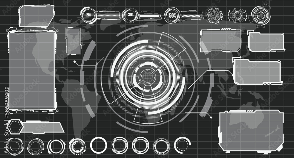 Fototapete digital interface hud elements set pack. user interface, frame screens. callouts titles, fui circle 