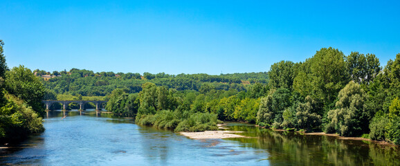 Panorama view of Dordogne river and landscape in France
