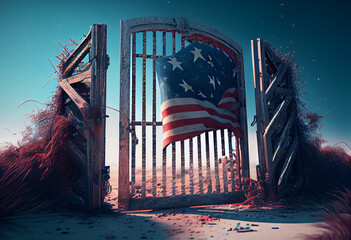 illustration of gate with american flag entrance way to get a passport and citizenship concept. ai - obrazy, fototapety, plakaty