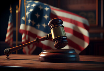 Wooden hammer close-up in the courtroom against of american flag . AI