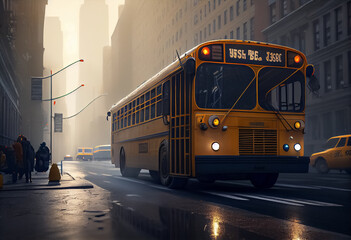 Fototapeta na wymiar illustration of yellow school bus driving in city background in the rain. AI