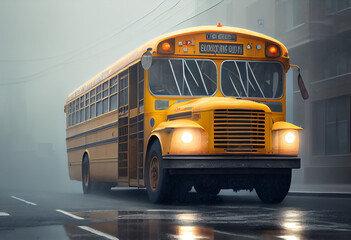 Fototapeta na wymiar illustration of yellow school bus driving in city background in the rain. AI