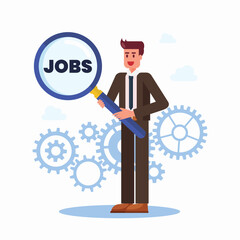 Businessman is holding magnifying glass to finding new job