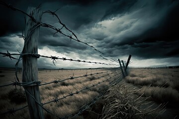 barbed wire fence in the rain, with dramatic clouds in the background, created with generative ai - obrazy, fototapety, plakaty