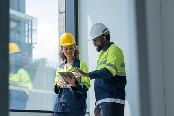 Engineer discusing work plan with tablet beside glass window at work site on building.