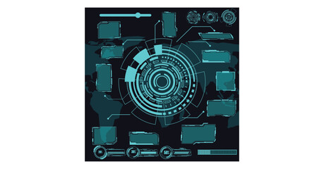 digital interface HUD elements set pack. User Interface, frame screens. Callouts titles, FUI circle set, Loading bars. Dashboard reality technology screen. Vector	

