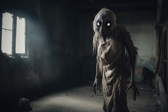 An image of the creepy monster with white eyes, standing in a dark abandoned building - Generative AI