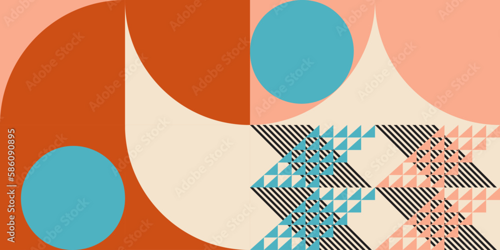 Poster Modern abstract geometric  vector seamless pattern with simple elements and shapes like circle, square and triangle. Graphic pastel colored minimalist background.