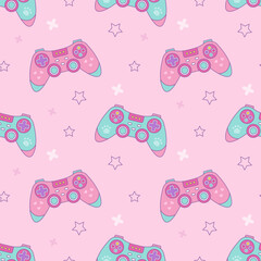 Game joystick on pink background with stars. Vector seamless pattern in kawaii style for gamer girl © Vetriya