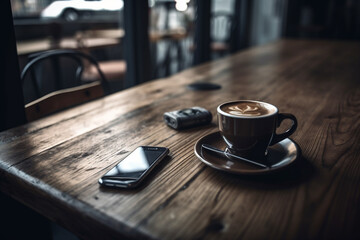Delicious cappuccino sitting next to a mobile phone on a wooden tabletop in a cozy bar. Ai generated