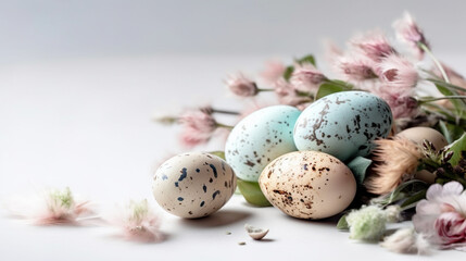 Obraz na płótnie Canvas Beautiful Quail Easter Eggs in Pastel Shades, Spring Holiday - Generative AI