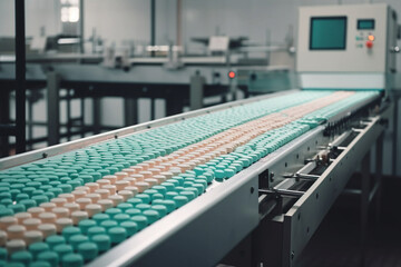 Pharmaceutical facility, where pills and medicine are moving along a conveyor belt. Ai generated
