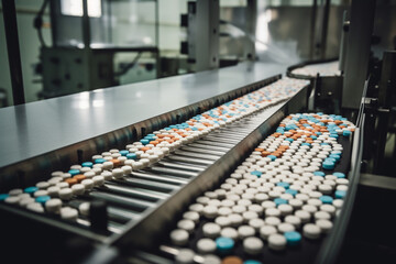 Pharmaceutical facility, where pills and medicine are moving along a conveyor belt. Ai generated