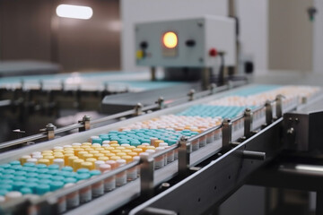 Obraz premium Pharmaceutical facility, where pills and medicine are moving along a conveyor belt. Ai generated