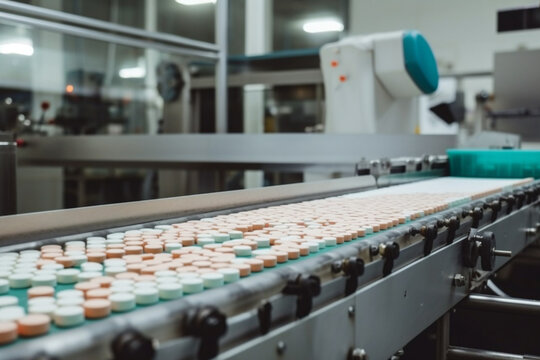 Pharmaceutical Facility, Where Pills And Medicine Are Moving Along A Conveyor Belt. Ai Generated