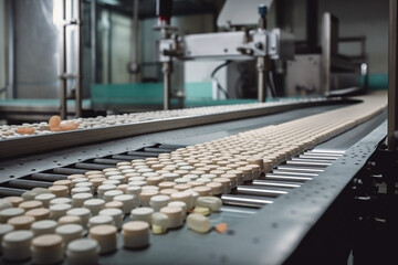 Obraz premium Pharmaceutical facility, where pills and medicine are moving along a conveyor belt. Ai generated