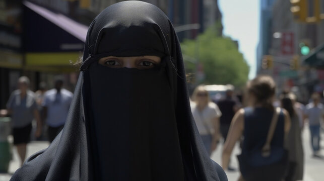 An arab woman wearing a niqab with sad eyes walking in a busy New York street
