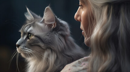 A middle aged woman with long gray hair holding a Norwegian forest cat in her arms