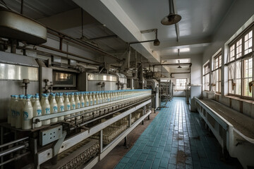 Fototapeta premium Scene from a milk factory, where milk bottles are moving along a conveyor belt. Ai generated