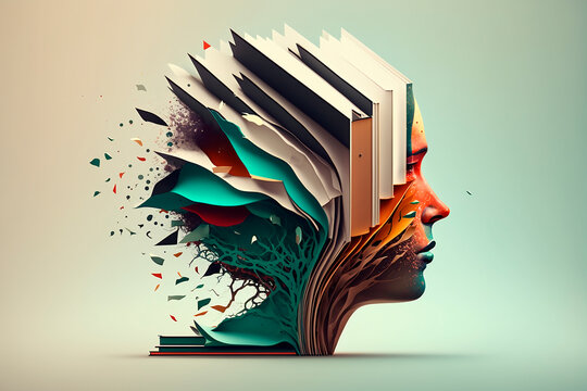 A tranquil portrait of a beautiful brooding woman effect of books flying out of her head. The concept of education and literacy in a human bookshelf on an isolated background. Generative AI.