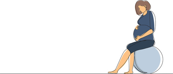 Single continuous line drawing pregnant woman sits on fitball. Sport training for women. Healthy lifestyle. Pregnant fitness girl. Fitness for pregnant women. Dynamic one line design graphic vector