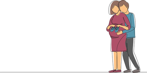 Continuous one line drawing cute pregnant woman and her husband holding baby shoes and hugging tummy. Pregnant woman holding baby shoes while husband touching her belly. Single line draw design vector