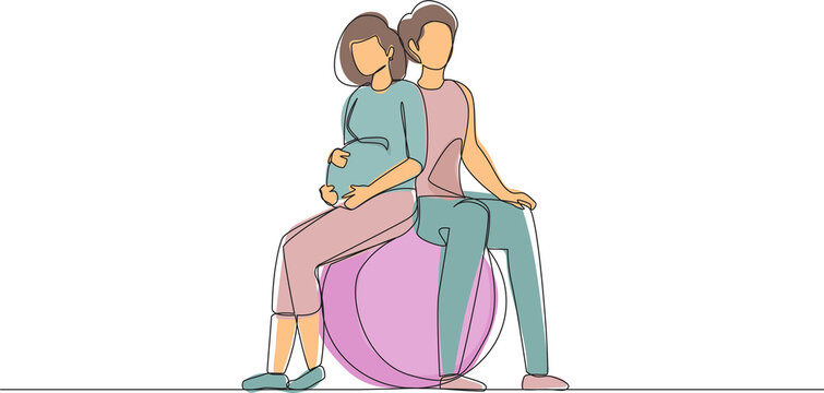recommend clip art: Single one line drawing young expecting parents in yoga class for pregnant women. Man and pregnant woman sitting in gymnasium ball. Paired yoga for pregnant women. Continuous line draw design vector