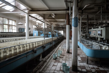 Scene from a milk factory, where milk bottles are moving along a conveyor belt. Ai generated