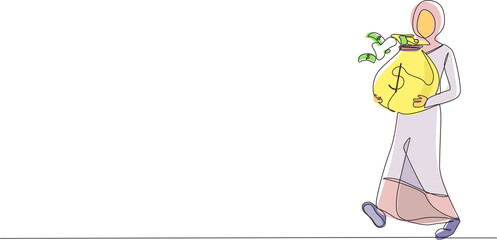 Continuous one line drawing happy Arabian businesswoman walking and carrying big heavy sack full of cash money. Green banknotes flying out of bag with dollar sign on it. Single line draw design vector