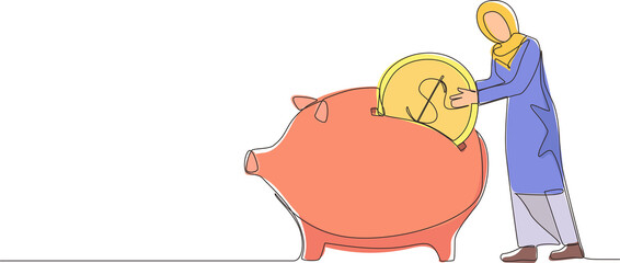 Continuous one line drawing Arab businesswoman putting dollar coin into piggy bank. Money savings, personal investment, finance, funding, bank deposit, capital accumulation. Single line design vector