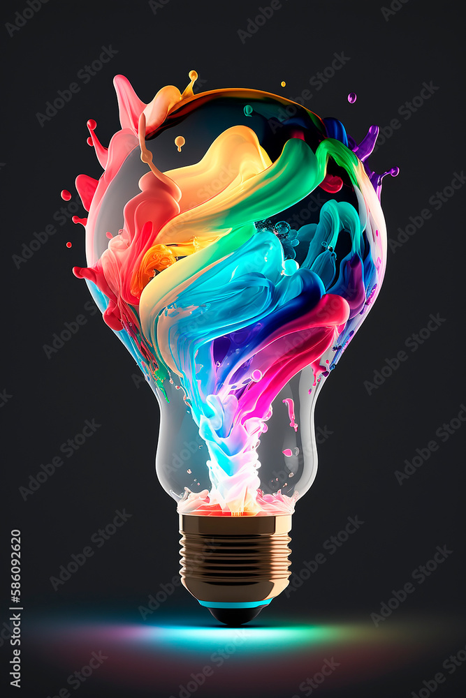 Poster colorful bulb lamp. light bulb explodes with colorful paint and splashes isolated on black. colours 