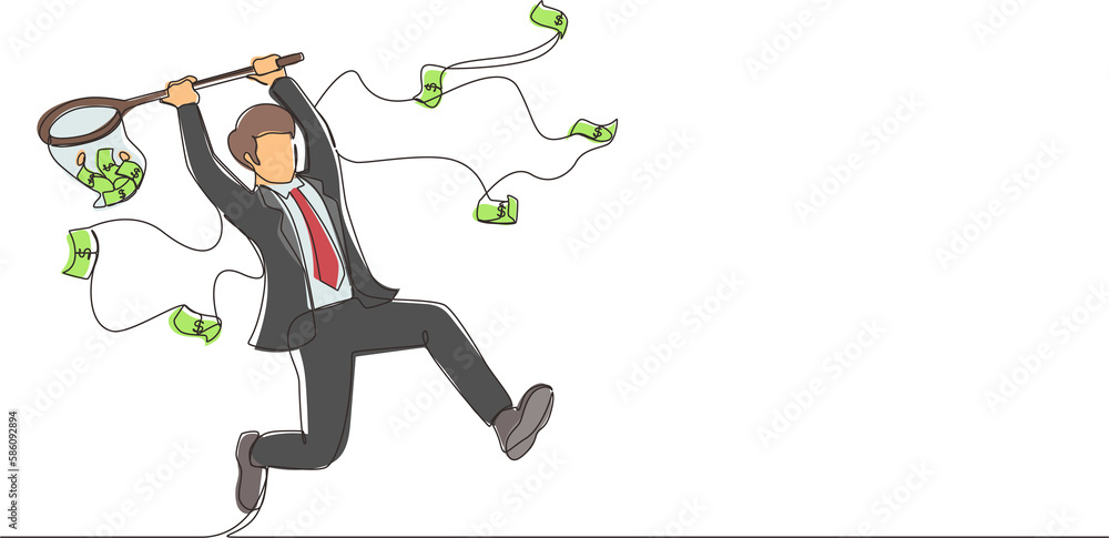Poster single continuous line drawing businessman trying to catch flying money with butterfly net. happy ru