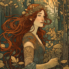 A mesmerizing, Art Nouveau - inspired illustration of a mystical forest nymph, her elongated, sinuous form weaving gracefully through the tendrils of a lush, verdant landscape